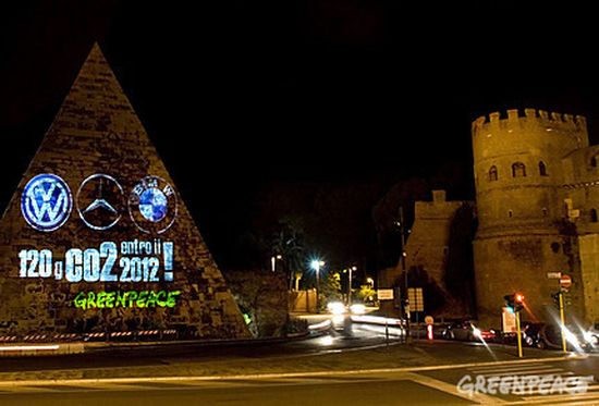 Greenpeace: dalla Piramide di Roma un messaggio alle case automobilistiche tedesche